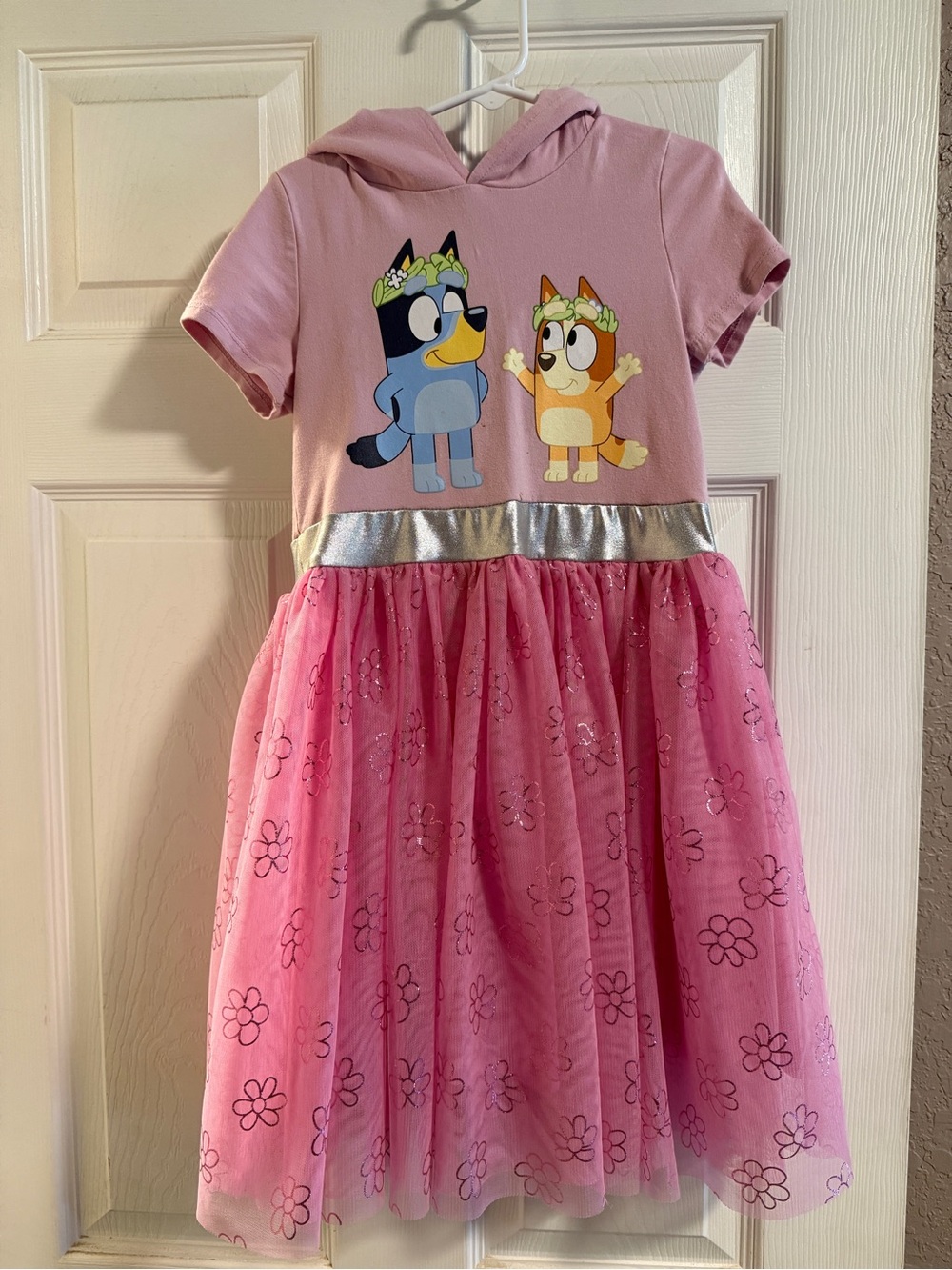 Girls' Pink Hooded Tulle Dress with Cartoon Print